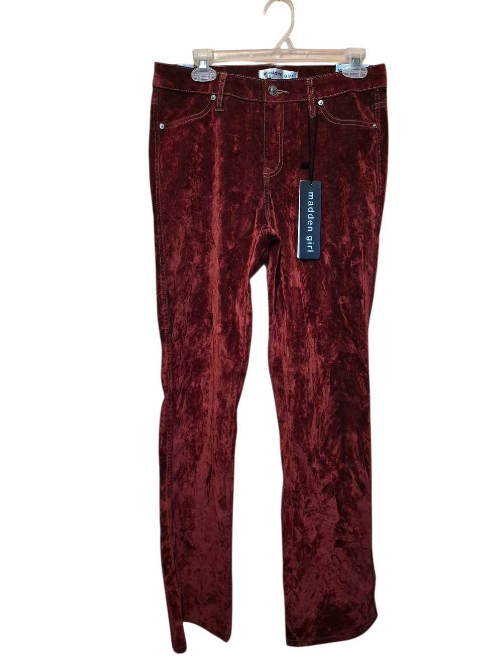 Madden Girl Women Burgundy Crushed Velvet Straight Jeans